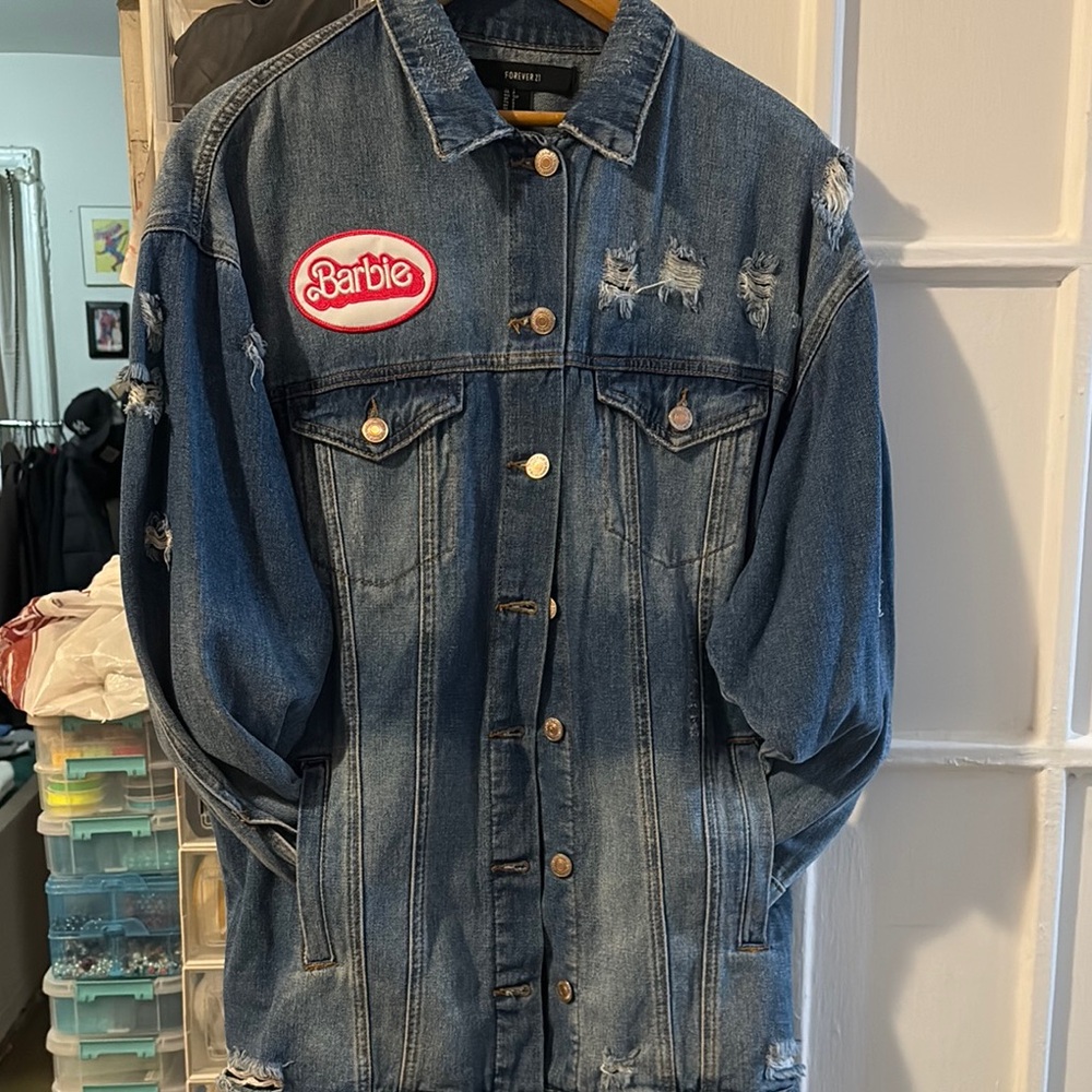 Long Denim Jacket with Distressed Details